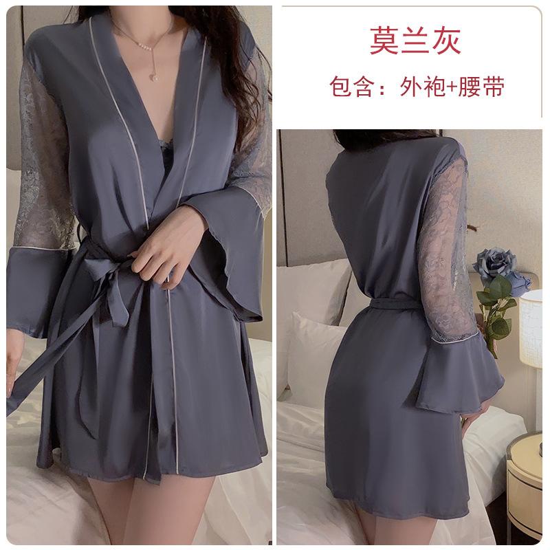 Satin Embroidered Lace Plus Chest Pad Slim Suspender Nightdress Belt Robe Women's Loungewear Set