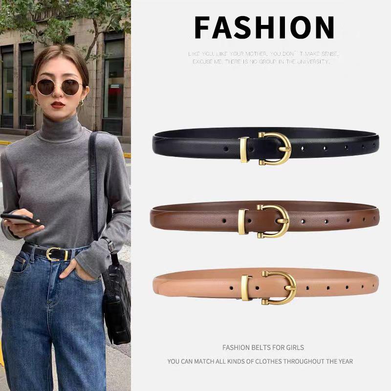 Solid Color Gold Buckle Decoration Women Casual Slim Waist Belt For Office And Weekend Wear