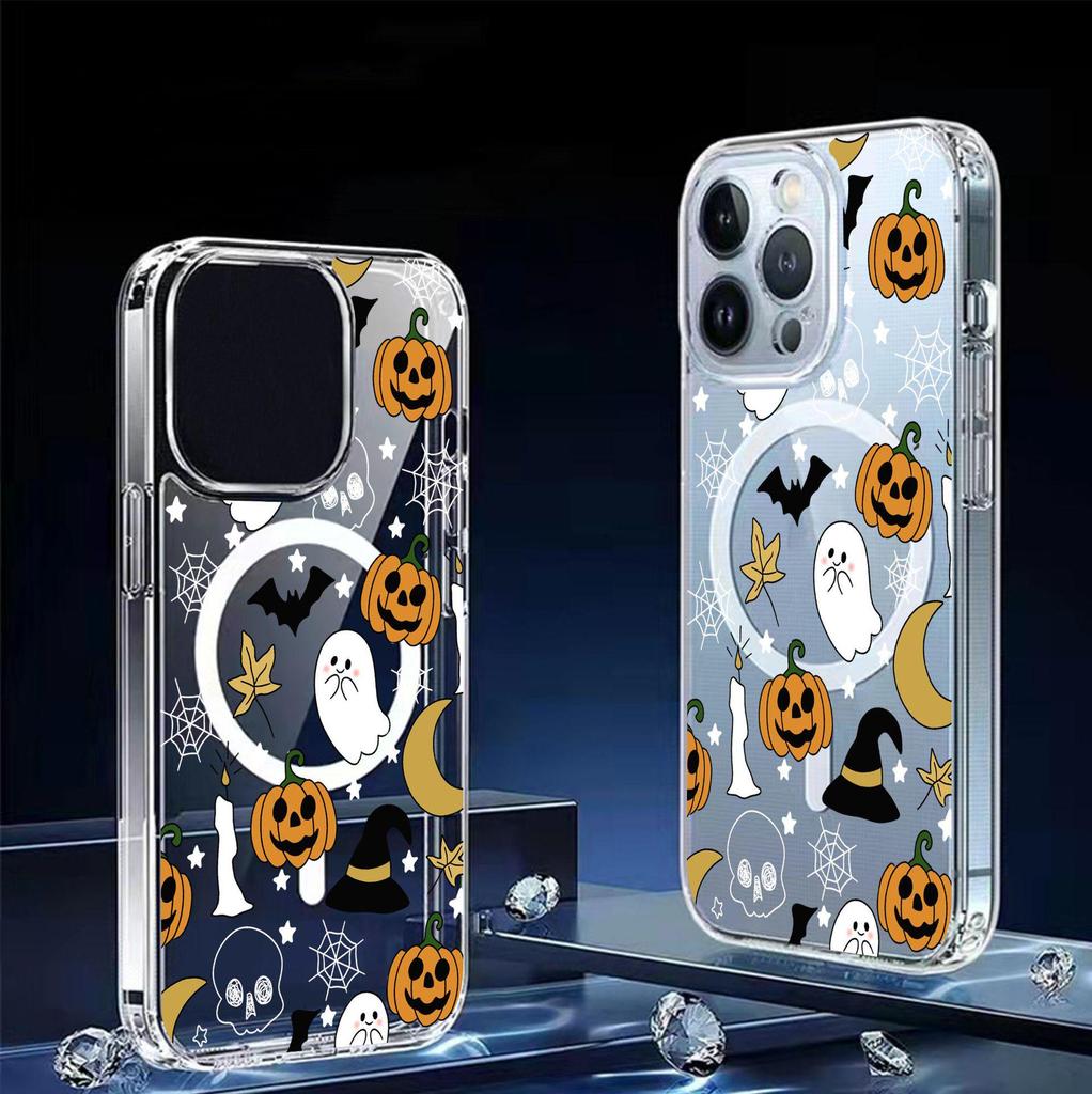 Funny Pumpkin Magnetic Case for iPhone 15/16/17 Pro Max - Transparent Full Coverage Mobile Protection