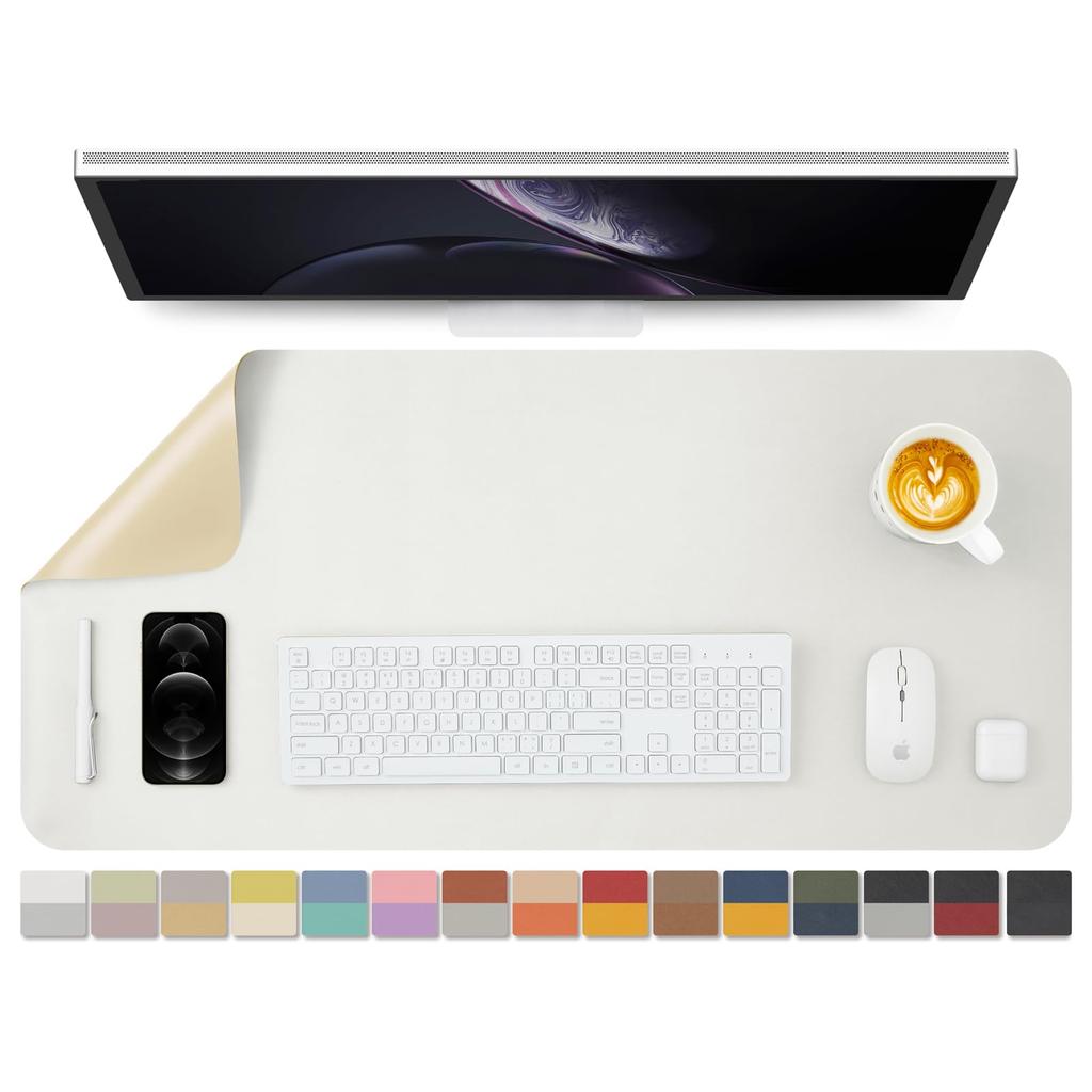 Double-Sided Leather Desk Pad, PU Desk Mat, Waterproof Desk Protector, Desk Mouse Pad for OfficeHomeGamingDecoration (White with Cream, 90cm43cm)