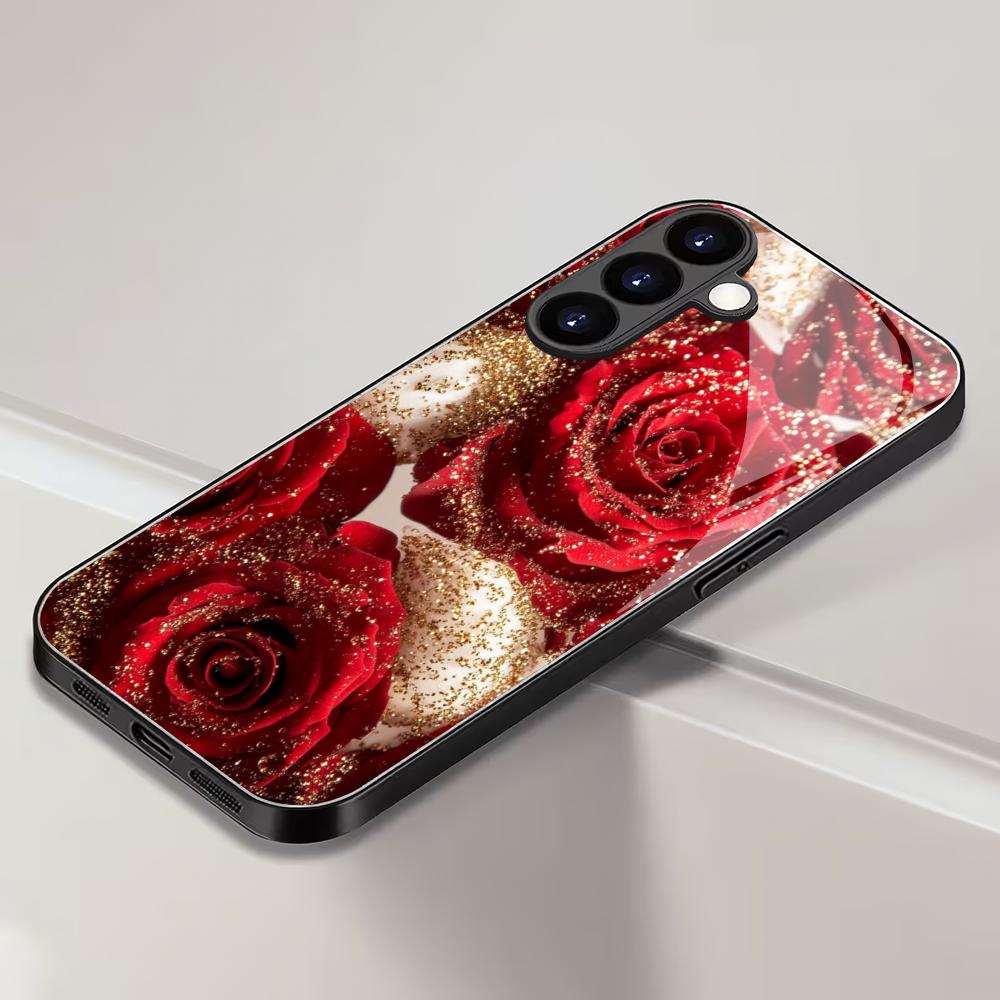 Rose black tempered glass phone case for Samsung Galaxy S26 S25 S24 S23 S22 S21 S20 fe/plus/ultra anti drop