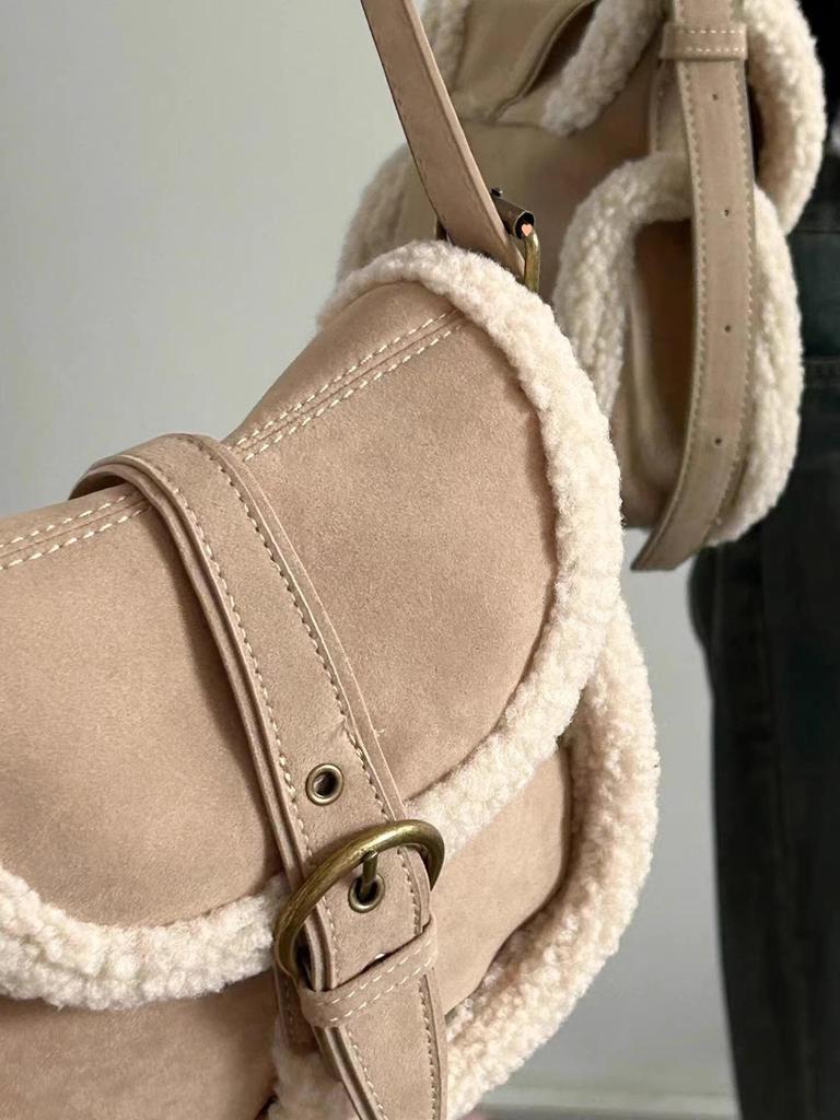 Korean Retro Style Women's Suede Fluffy Lamb Wool Shoulder Bag - Autumn/Winter Collection.