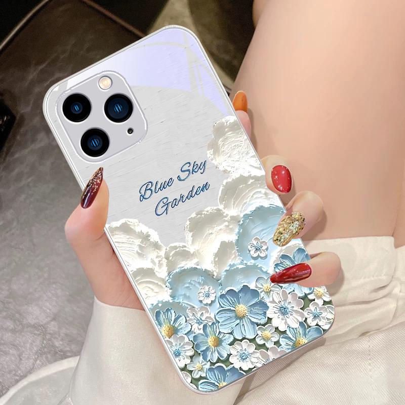 Oil Painting Flower Purple For IPhone 16 Pro Max 15 Pro 14 13 12 Mini 11 XS Max XR 7 8 Plu SE 2022 Tempered Glass Phone Case