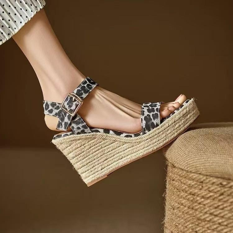 Summer New Hemp Rope Wedge Heel Sandals Fish Mouth Leopard Print Surface Platform High Heel One-word Sandals Versatile Women's Shoes