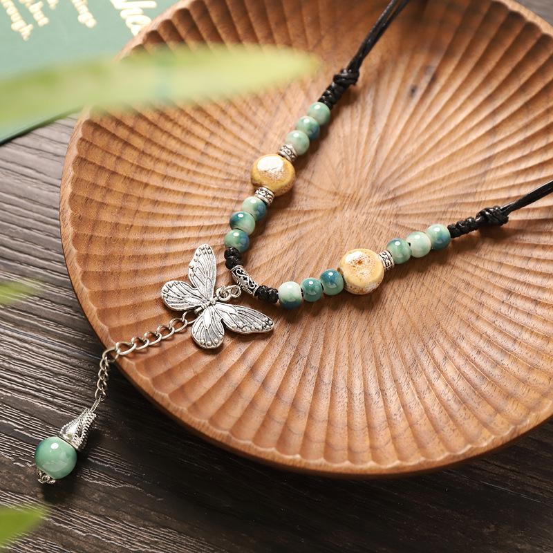 Literary Retro Ceramic Butterfly Necklace Women's High-end Pendant Niche Simple Accessories