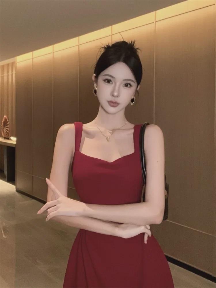 New Year's Red Slim Waist Suspender Dress for Women - Spring Daily Engagement Toast Dress