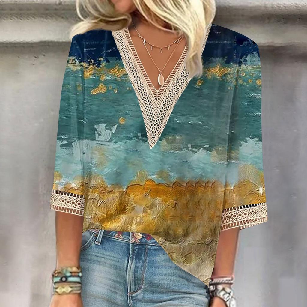 Women's Shirt Blouse Casual Loose Shirts 3/4 Sleeve Lace Trims Print V Neck Tops Print Tops T-shirts