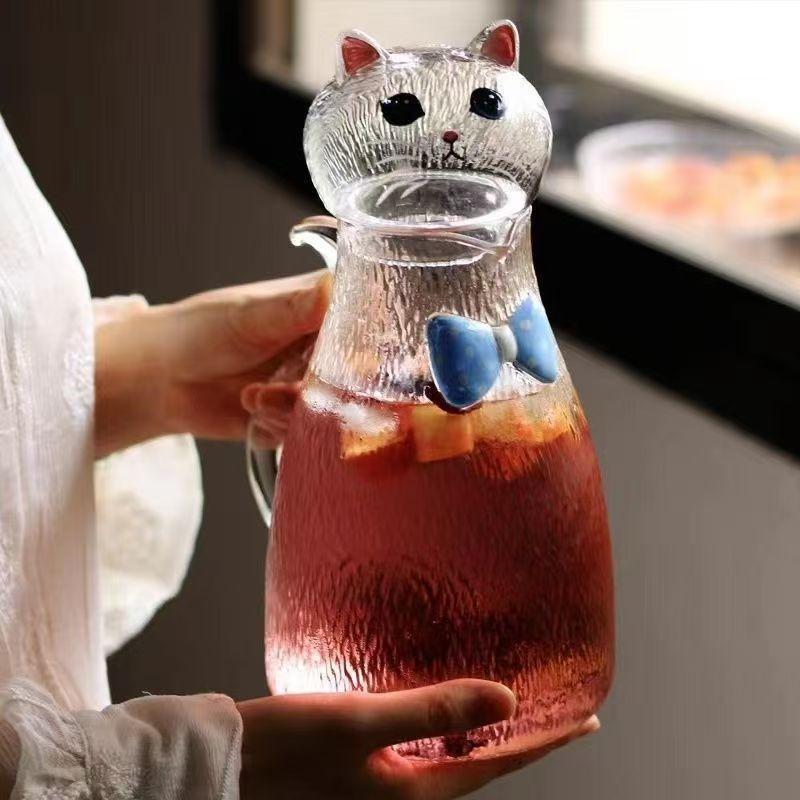 1800ml Cute Cats Shape Water Jug Hammered Glass Cold Water Pitcher Large Capacity Heat-Resistant Tea Kettles Home Drinkware Gift 1800ml