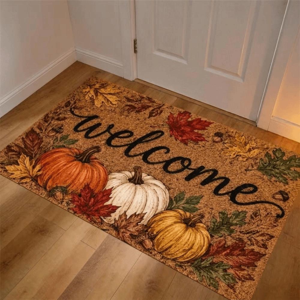 Cartoon Witch Cat Pumpkin Ghost Doormat Non-Slip Maple Leaf Welcome Mat Entryway