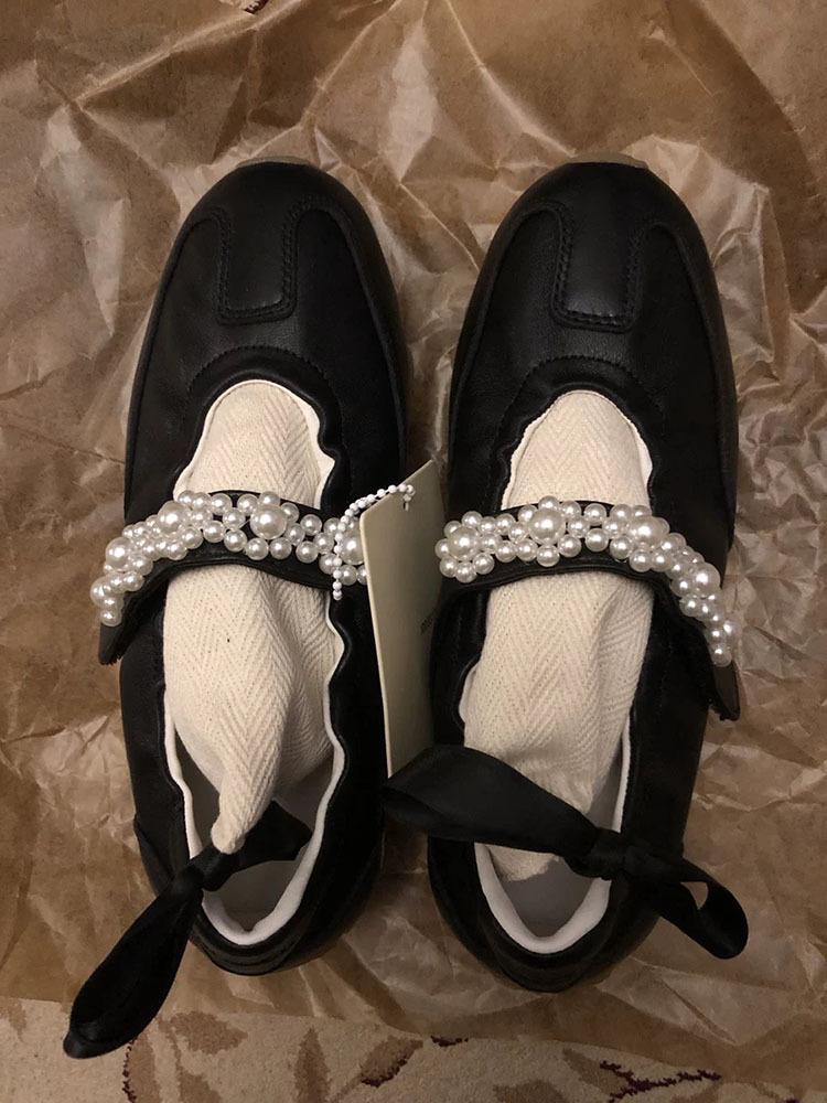 

Cowhide version~ retro style sports ballet shoes women s inner height increase pearl Velcro casual Mary Jane single shoes women 40 чёрный