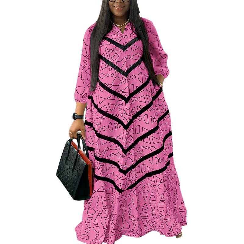 Oversized Women Casual Round Neck 3/4 Sleeve Striped Print Loose Maxi Ruffled Dress