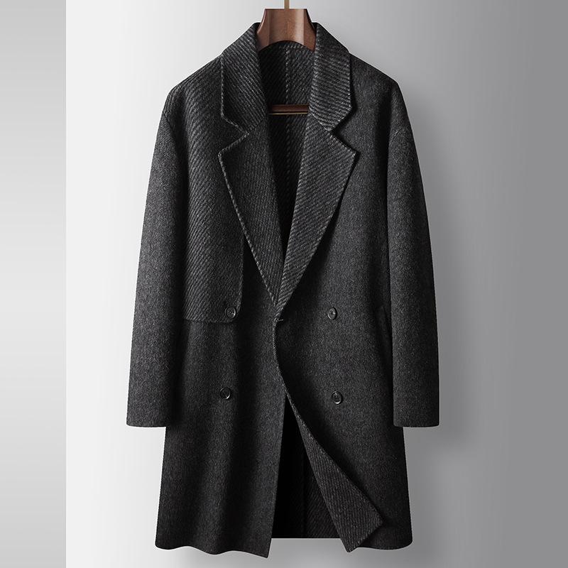 

Мужское шерстяное пальто осень-зима средней длины двубортное длинноворсное утолщенное двухстороннее повседневное пальто-тренч 190 серый