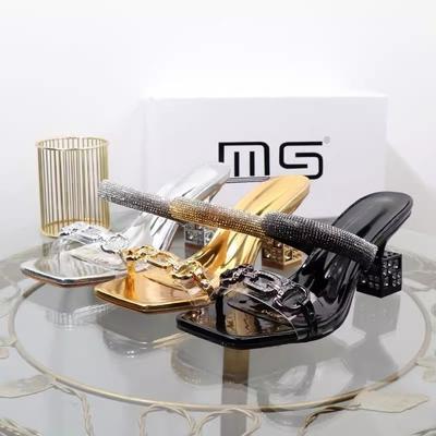 Fashion Fashion Women Slippers Summer New Square Head Heels Shallow Mouth Crystal Metal Buckle Woman Shoes Temperament Women's Sandals