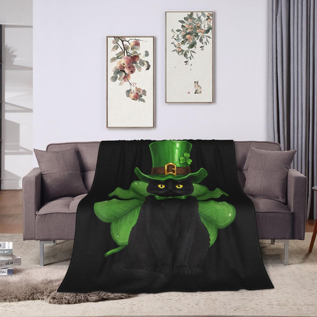 Shamrock Cat Black St Patricks Day Irish cat Lovers Blanket Warm Soft Plush Throw Blanket For Girls Boys Flannel Bedspread