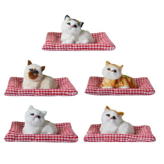 Simulated Cat Toy with Cloth Mat Lifelike Meowing Plush Kitten Model Stuffed Animal Doll Home Office Desktop Decoration Ornament