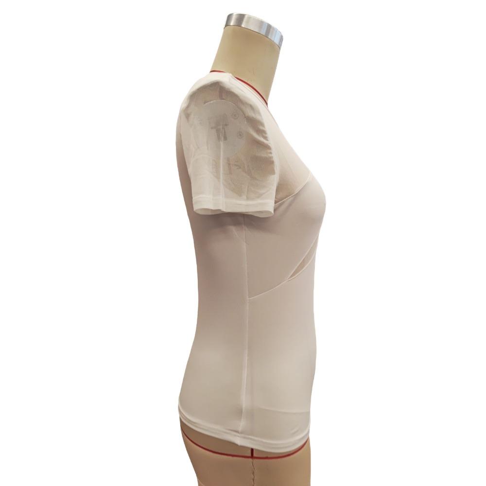 Spring and Summer Women's Sexy Solid Colour Short Sleeve Net Splicing Slim T-Shirt