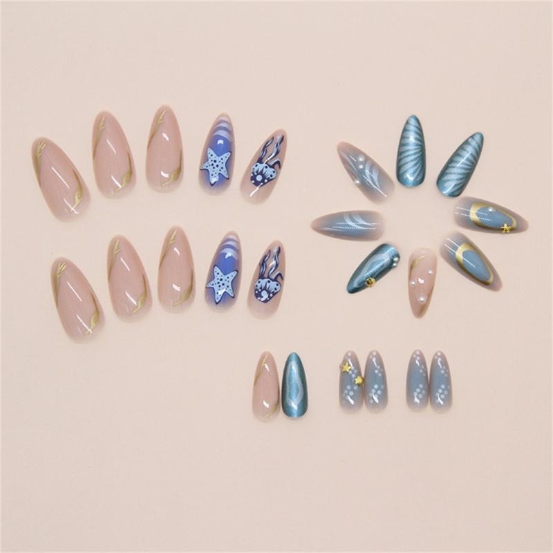 24 Pcs Almond Shaped Stick On Nail Glossy Press On Nail Reusable False Nail Ocean Star Jellyfish Acrylic Nail