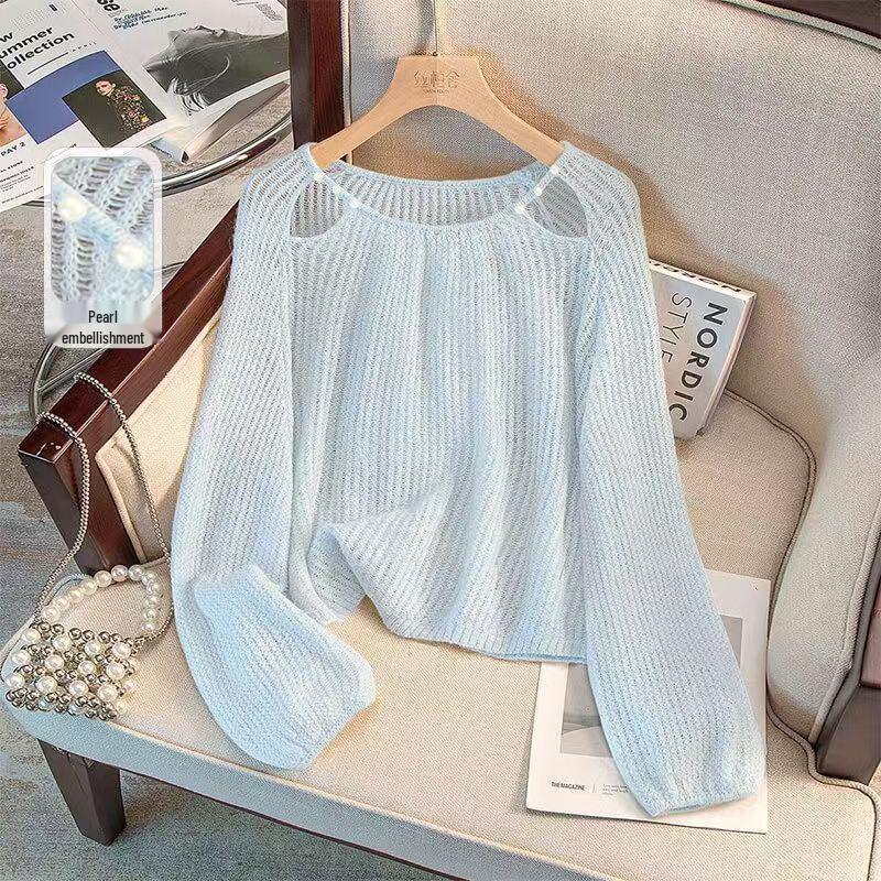 

Сладкий ажурный топ свободного кроя с круглым вырезом и бисером для защиты от солнца для женщин One Size 90-130 Jin светло-синий