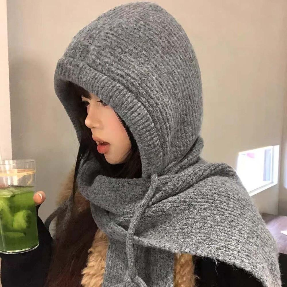 Korean Style Winter Balaclava Hat Solid Color Integrated Neck Warmer Cold Weather