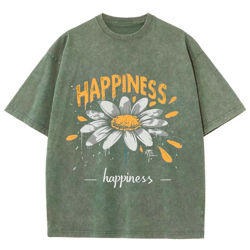 Yellow Cartoon Little Daisy Print Ladies T-Shirt Loose Wash Oversized Short Sleeve American Vintage Street Top Casual Tee