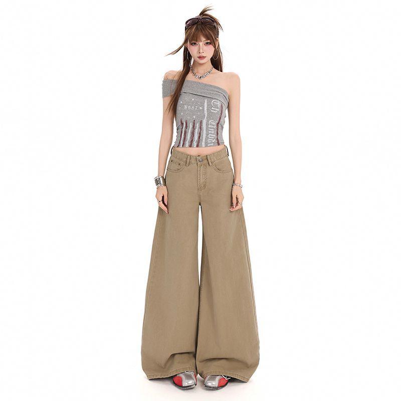 Spring Summer Khaki High Waist Relaxed Straight Wide Leg Floor Sweeping Slim Casual Denim Pants Ladies Casual Pants Oversize Denim Trousers