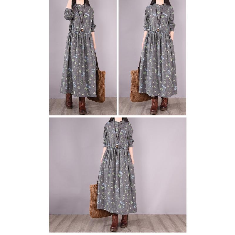 Jarní Nové Vintage Šněrovací Plisované Volné Bavlněné Lněné Dlouhorukávové Šaty pro Ženy