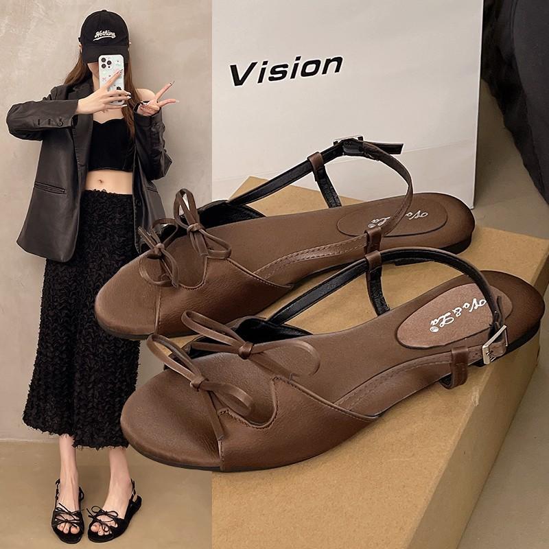 French Women's Open Toe Sandals New Design Flat Bow Roman Style Fashion Hundred Wearable Grip Beach Casual Shoes