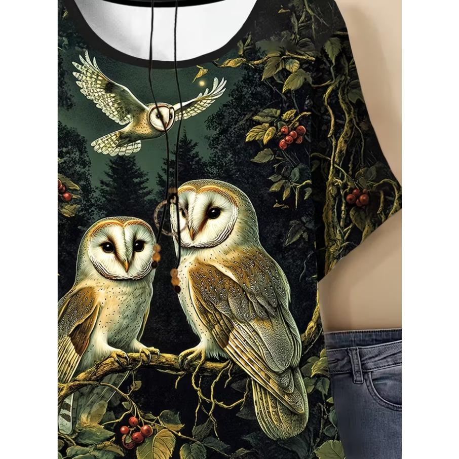 XL-7XL Plus Size Women's Casual Owl 3D Print Loose Round Neck Short Sleeved T-shirt Top