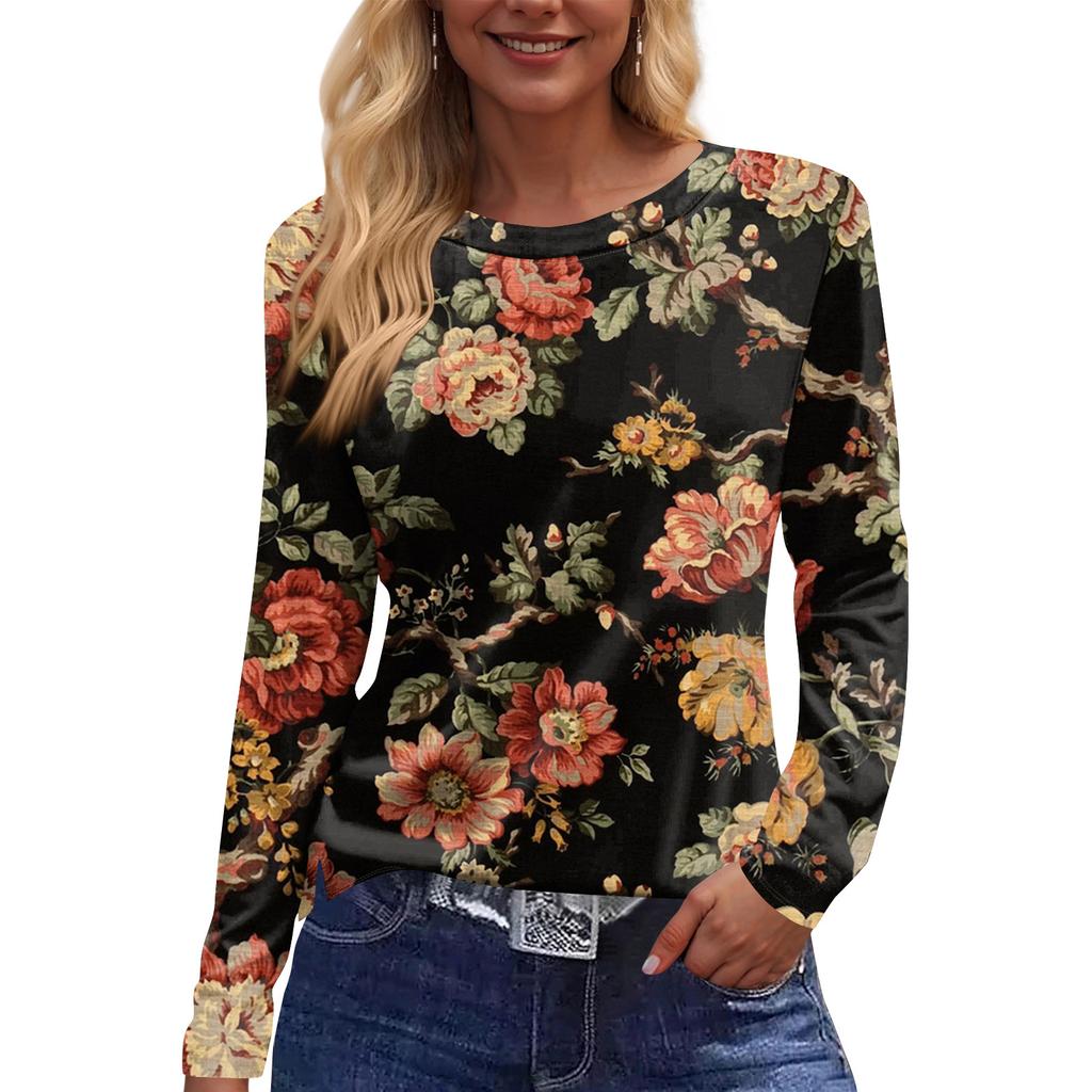 Damenmode Lässig Schlitz Saum Rundhals Langarm Lose Bedrucktes T-Shirt Damen Top