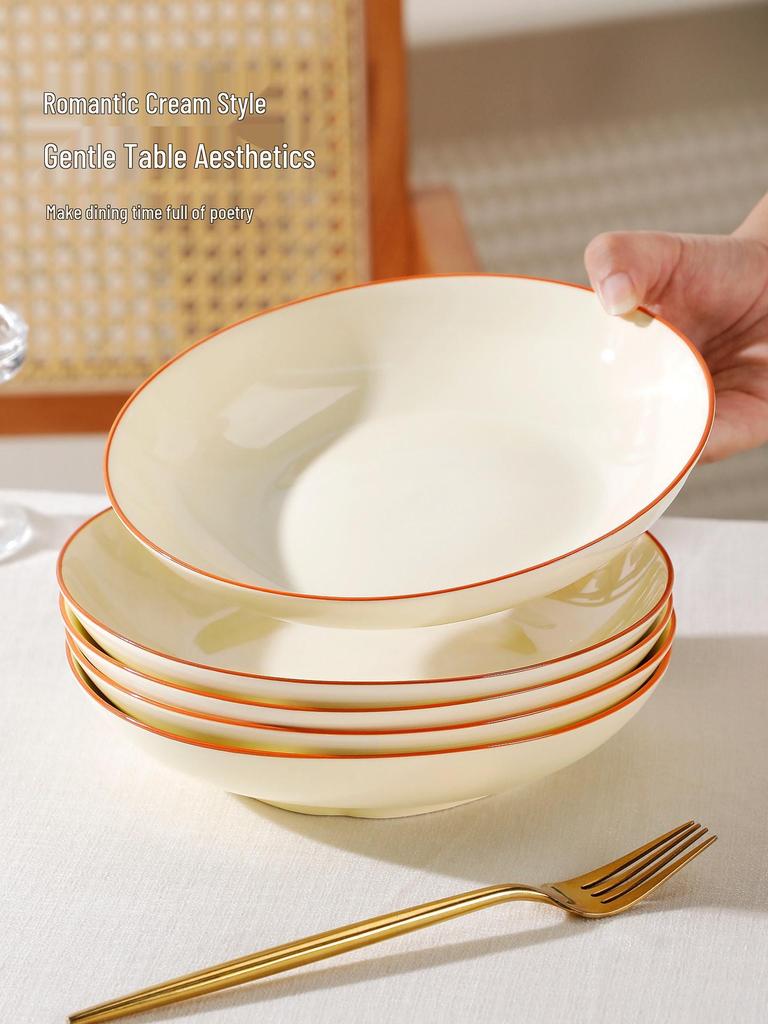 Retro Cream Style Deep Soup Plate - 2025 Underglaze Breakfast & Rice Tableware.
