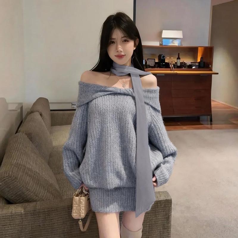 Southeast Asia Women s One-Shoulder Knit Top with Bowknot & Hip-Hugging Skirt One Size