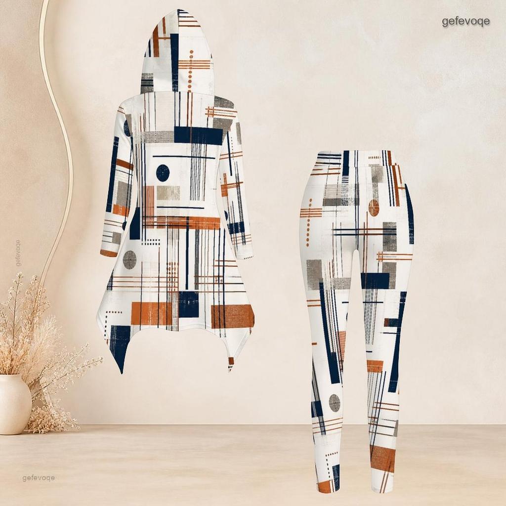 Women Plus Size Hooded Long Sleeve Radial Print High Low Top And Fitted Pants Two Piece Set