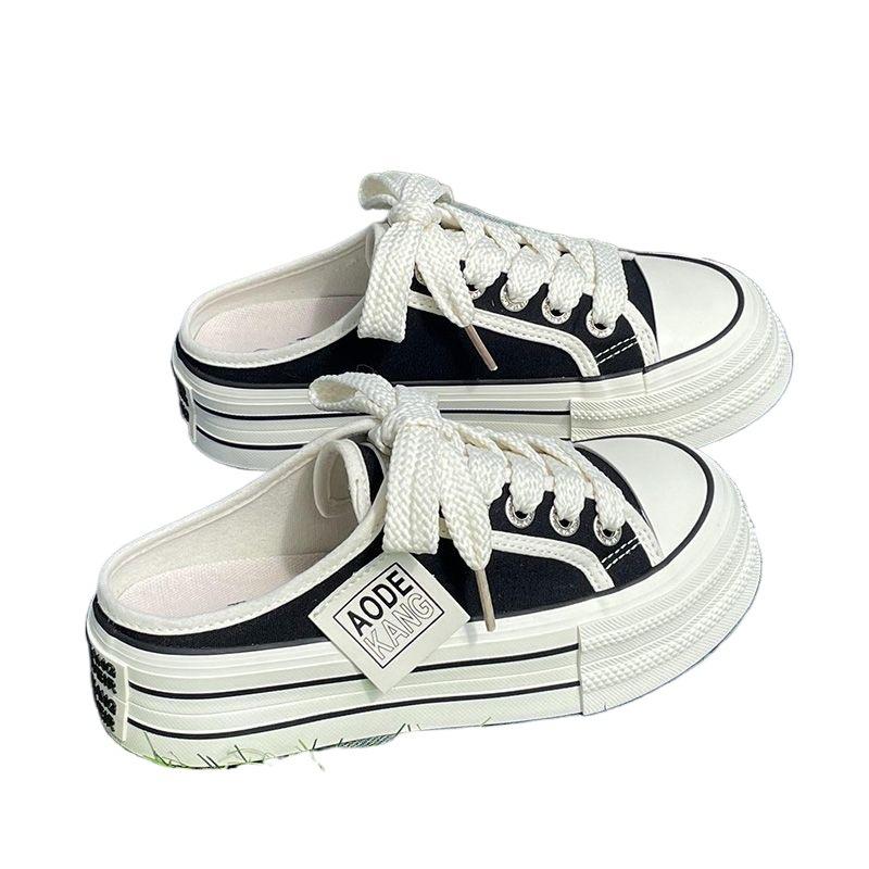 Plateau-Canvas-Schuhe Damen 2025 Sommer neu vielseitig ohne Absatz Halbschlappen Ein-Pedal weiße Schuhe Freizeitschuhe