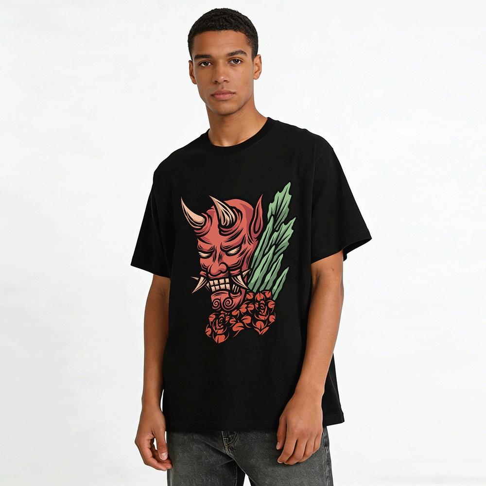 Japanese Red Oni Demon Print T-shirt Dark Retro Trendy Top Pure cotton T-shirt