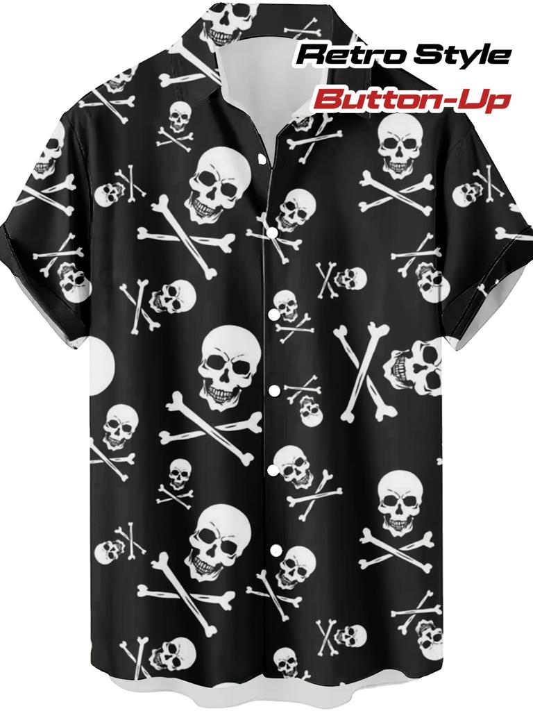 [Print Design – Not Textured] Men'S Print Skull And Bones Hawaiian Shirt - Black And White Retro Pattern Short Sleeve Button-Up Top, Regular Fit