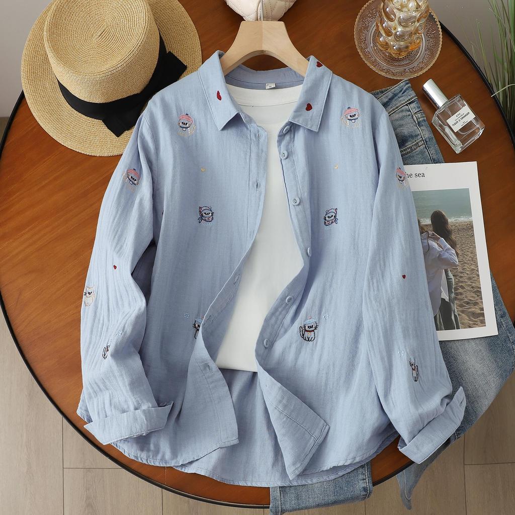 Women's Artistic Cartoon Embroidery Cotton Gauze Long Sleeve Shirt - Fresh & Soft Skin-Friendly Top