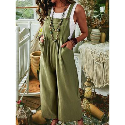 Nyári női jumpsuit vastagított Ramie pamut egyszínű ujjatlan, széles lábú, oldalsó csatos jumpsuit