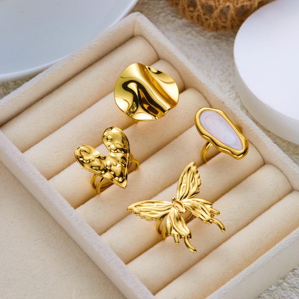 Stainless Steel Gold Plated Rings For Women Hammered Textured Love Heart Butterfly Irregular Wide Open Finger Ring Boho Jewelry