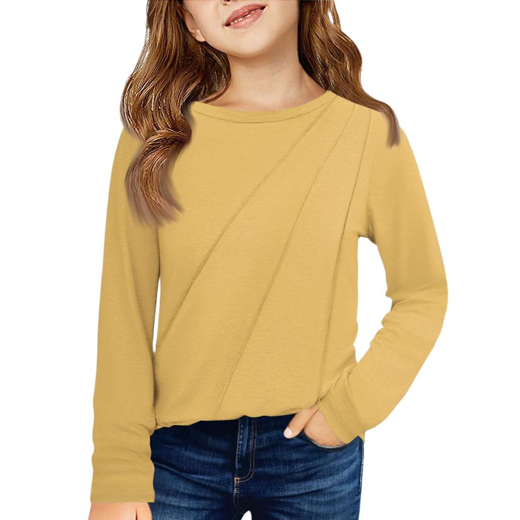 Girls' Long Sleeve Tee - Pleated Round Neck Casual Top