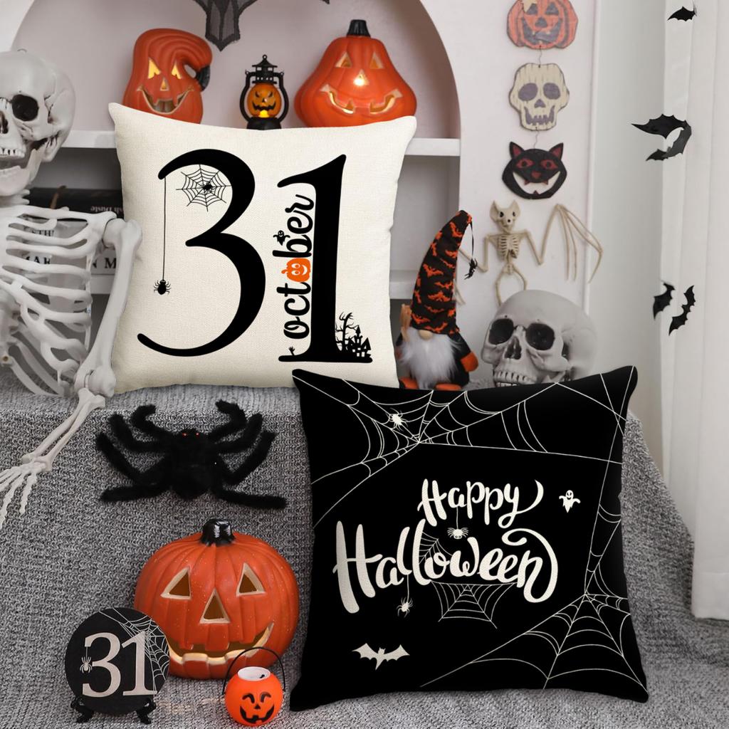 1Pc/4Pcs Halloween Pillow Cover, Trick Or Treat Decorative Pillow Cover, Black Spider Web, Pumpkin Head, Ghost Cushion Cover