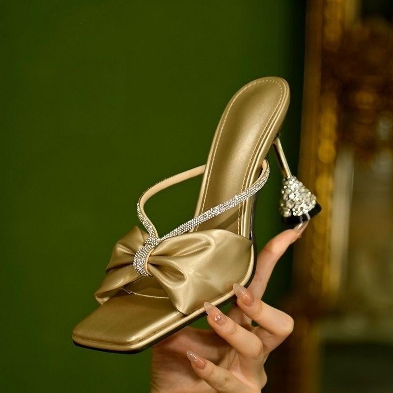 Fashion Satin Heeled Women's Shoes Summer New Square Toe Open Toe Bow Rhinestone Anti-slip Wear-resistant Outer Wear Slippers