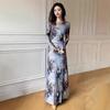 Women's Retro Tie-Dye Mesh Midi Dress - Waist-Slimming Long Sleeve (2025 Spring/Autumn)
