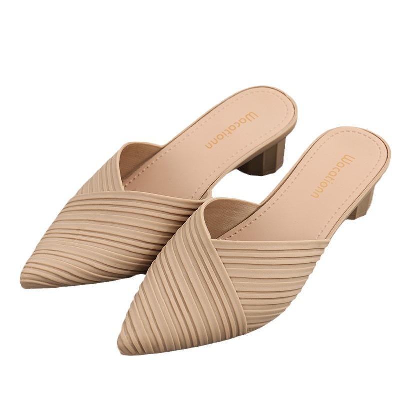 Heli Shark Spring and Summer Fashion Bag Head Half Slippers, Women's New Thick Heels Wear Cool Slippers Pointed Casual Shoes