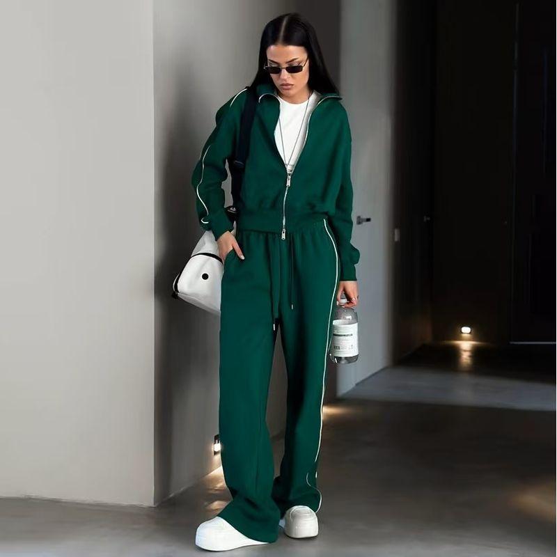 

Western Style Fashion Stripe Double-Headed Zip-up Hoodie Pants Two-Piece Set Zipper Top and Pants Set Dark green S