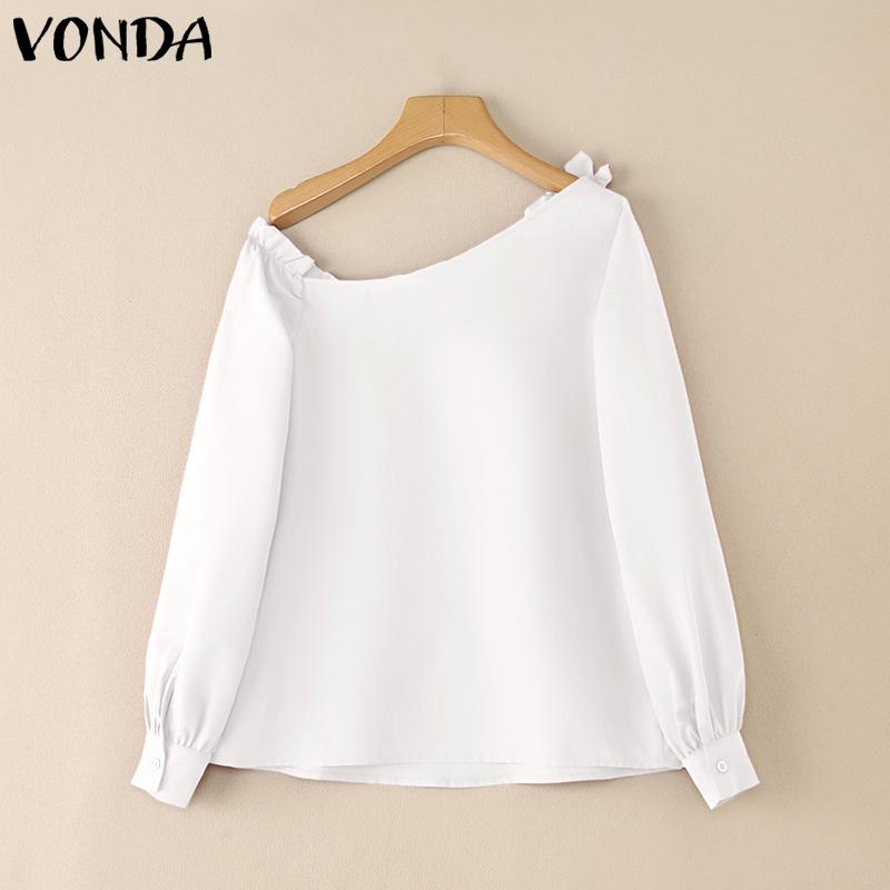 VONDA Women Long Sleeve One Shoulder Ruffled Patchwork Casual Blouse Shirts