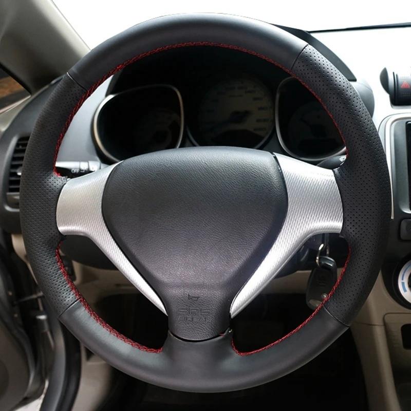 Car Steering Wheel Cover For Honda Jazz Fit 2005 2006 2007 2008 DIY Hand stitch Black PU Microfiber leather