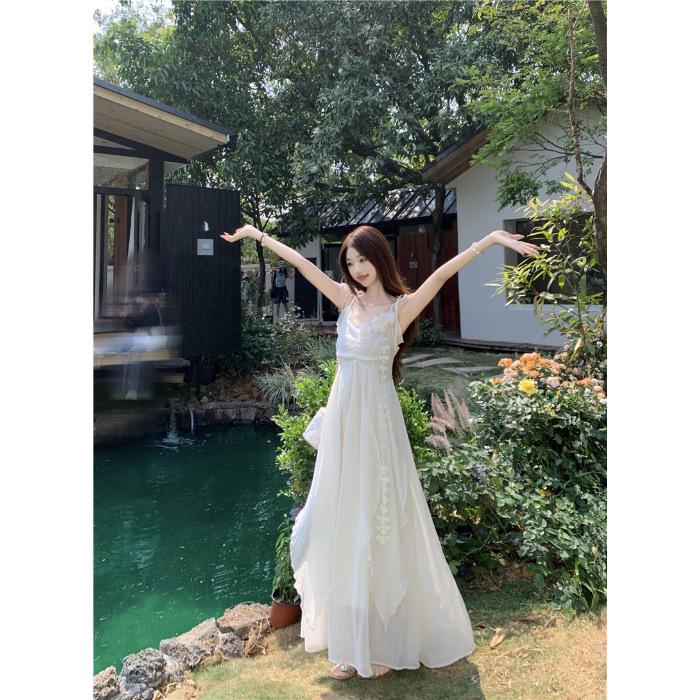 

Women s Summer Floral Camisole Dress - French Style, Waist-Cinched, Long Fairy Skirt Double Extra Large абрикос світлого кольору