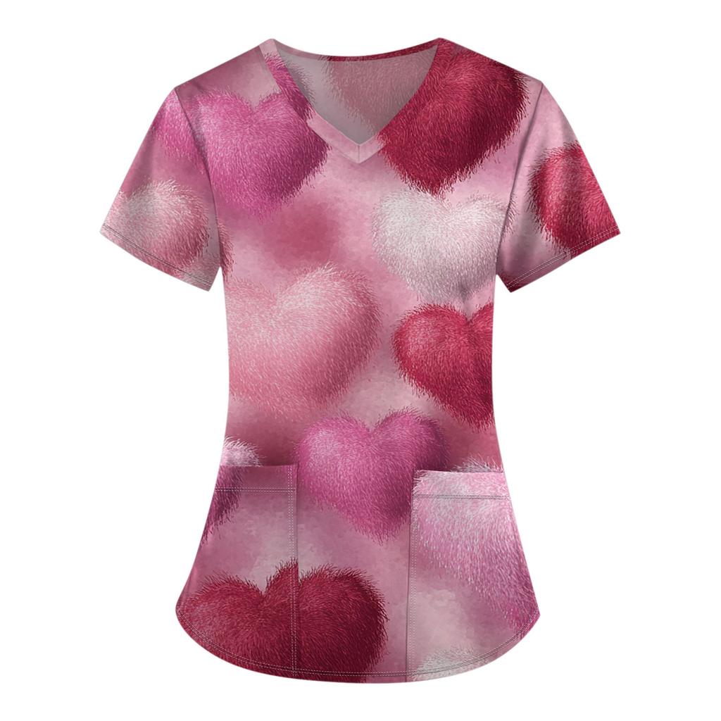 Damenmode V-Ausschnitt Kurzarm Overalls mit Tasche Valentinstag Bedruckte Oberteile Kleidung