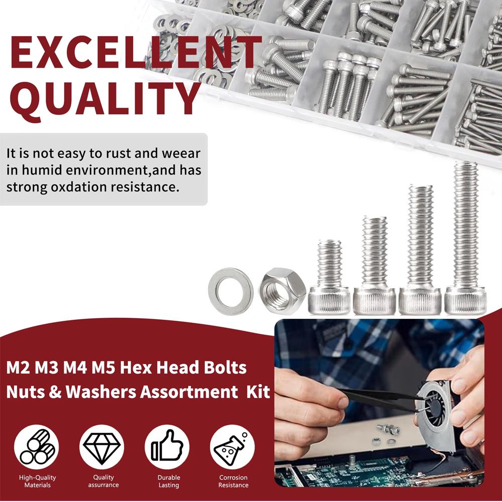 918pcs Nuts and Bolts Assortment Kit - M2, M3, M4, M5 Hex Head 304 Stainless Steel Bolts, Nuts, Flat Washers, and More