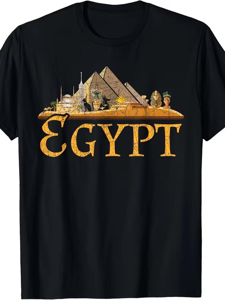 Graficzny T-shirt z Piramidami Egipskimi - 100% Bawełna z Okrągłym Dekoltem, Codzienny T-shirt ze Sfinksem